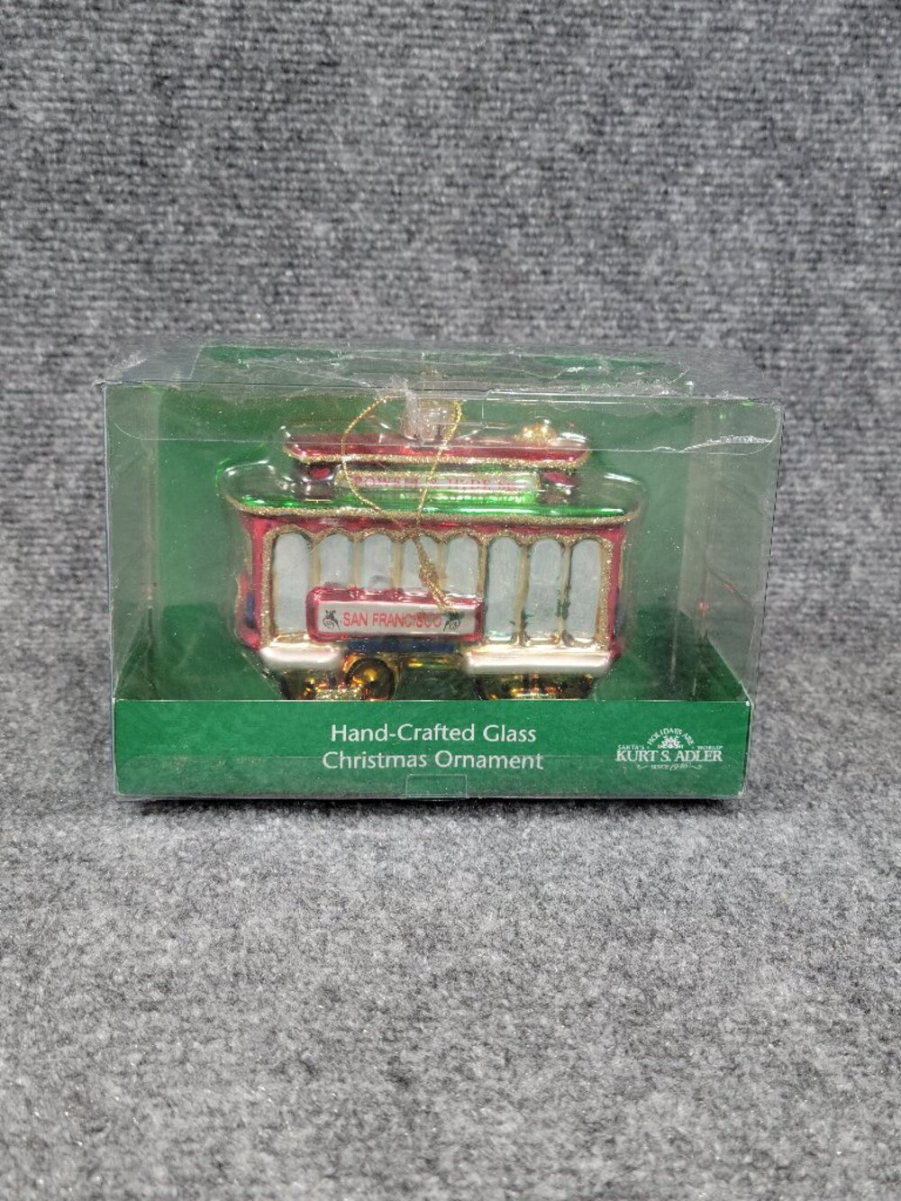 Kurt Adler Hand-Crafted Glass San Francisco Trolley Car Christmas Ornament NIB